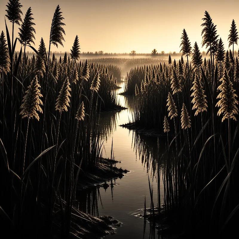 Silhouetted cattails stand densely around a narrow reflective channel of water bathed in the soft, warm glow of dawn.
