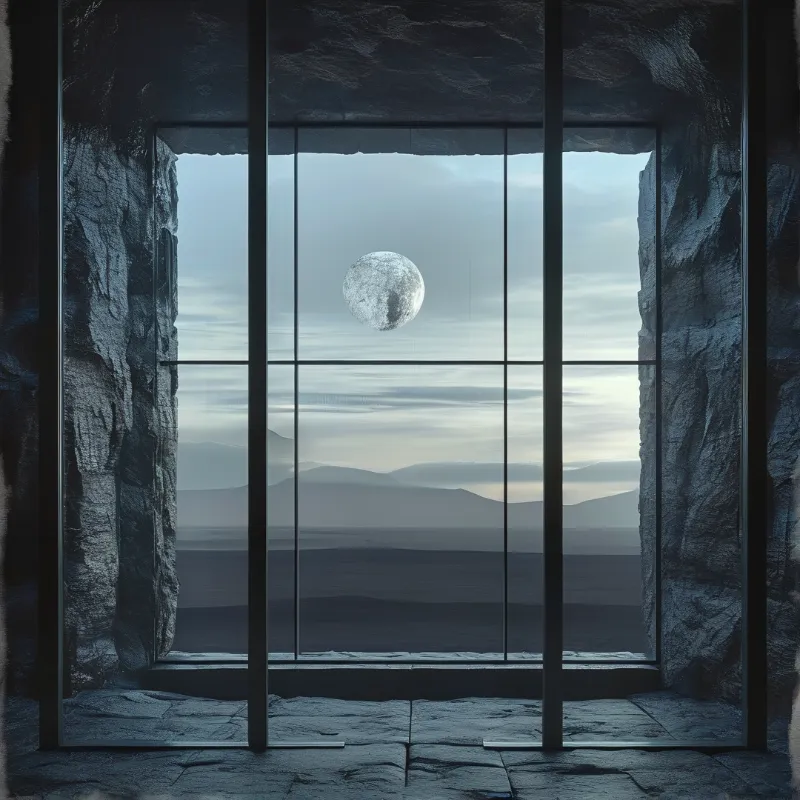 A bright full moon hangs centrally in the sky outside a large grid window set within rough stone walls.