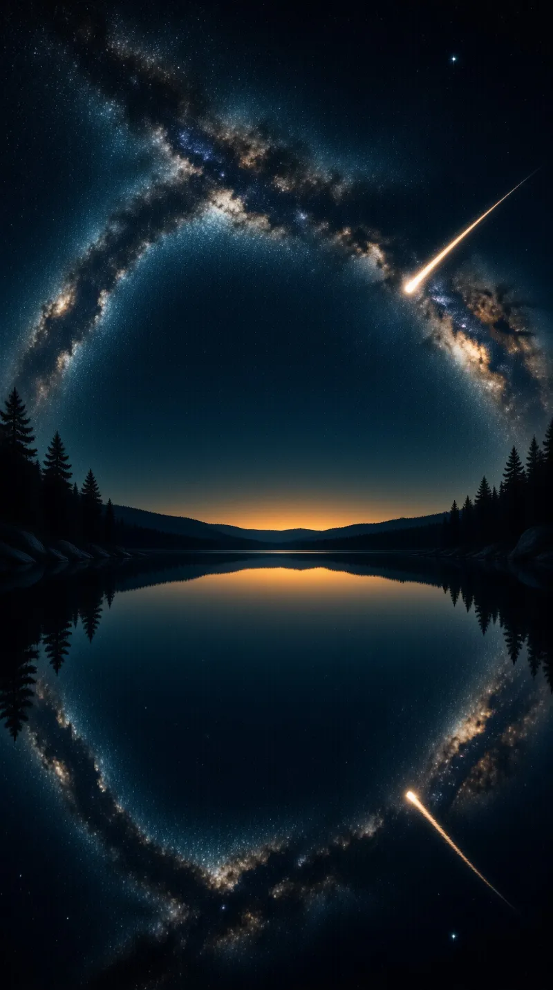 Circular Milky Way arch above a calm lake reflecting orange horizon glow and silhouetted pine trees