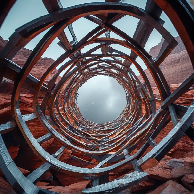 Circular metal beams create a tunnel view over layered red rock formations under a bright sky.