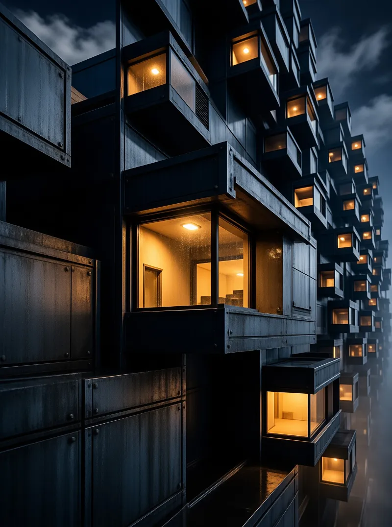 Dark stacked concrete modules emit warm yellow light from windows against a cloudy night sky.