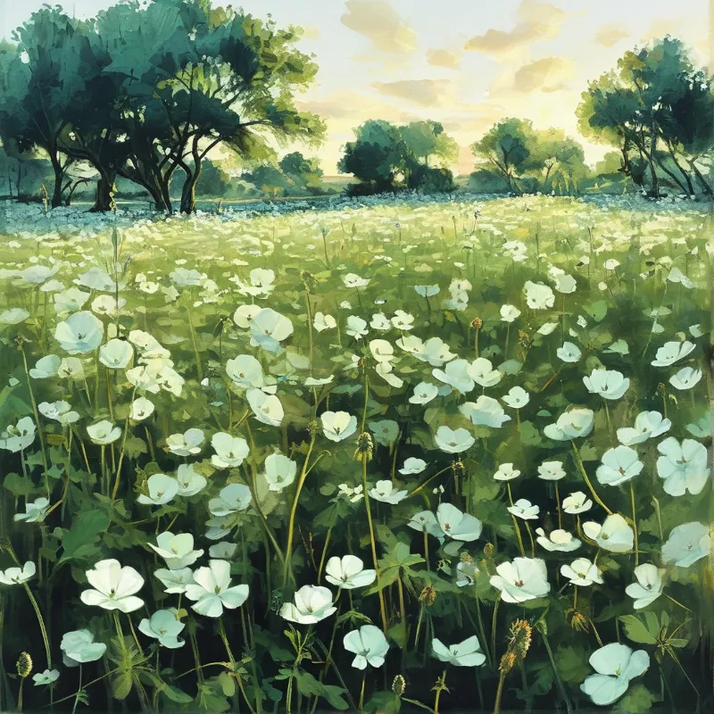 A lush meadow of white poppies stretches toward trees while warm golden light bathes the landscape in soft glow.