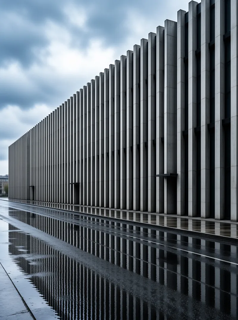 Vertical concrete columns create a rhythmic pattern reflected in wet pavement beneath an overcast sky.