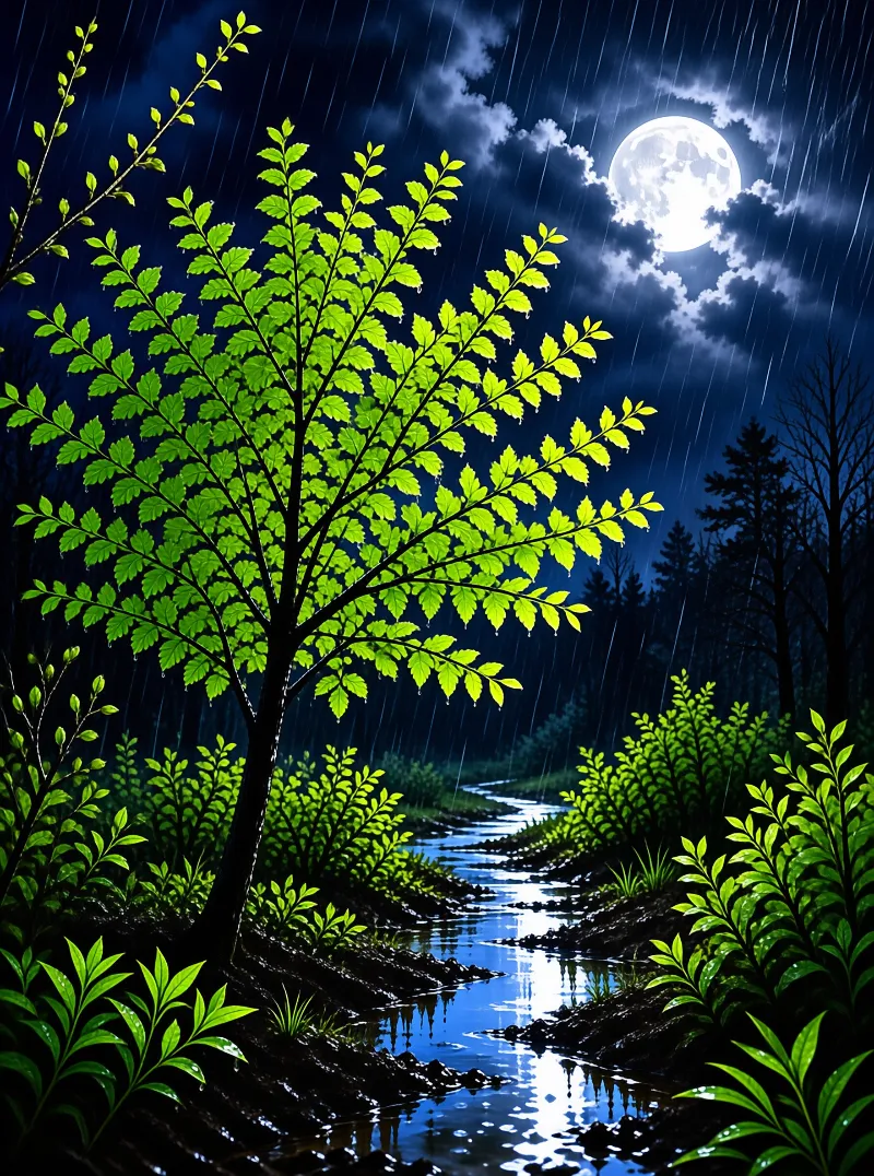 Moonlit Rainy Forest Scene