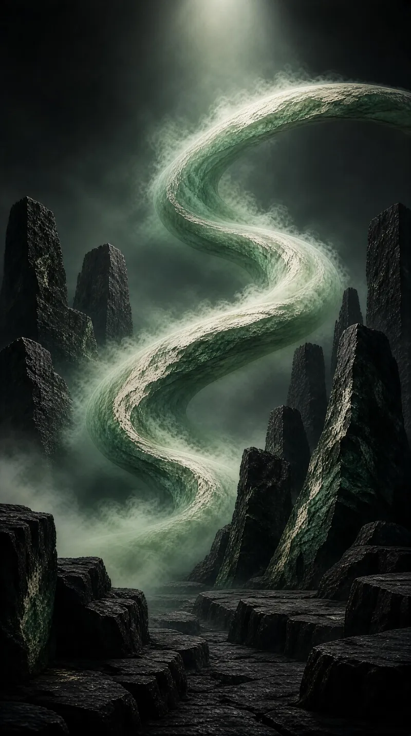 A massive, glowing serpentine shape winds through the air above dark, jagged rock formations, set in a misty environment with a soft light from above creating a dramatic contrast.