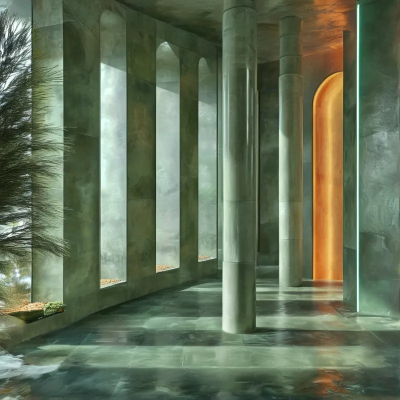 A minimalist interior space featuring tall narrow windows, large columns, and a warm lit doorway on the right.