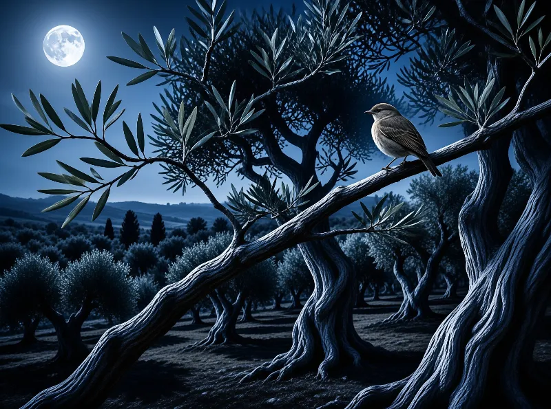 A small bird rests on a gnarled olive tree branch while a full moon illuminates the dark grove below.