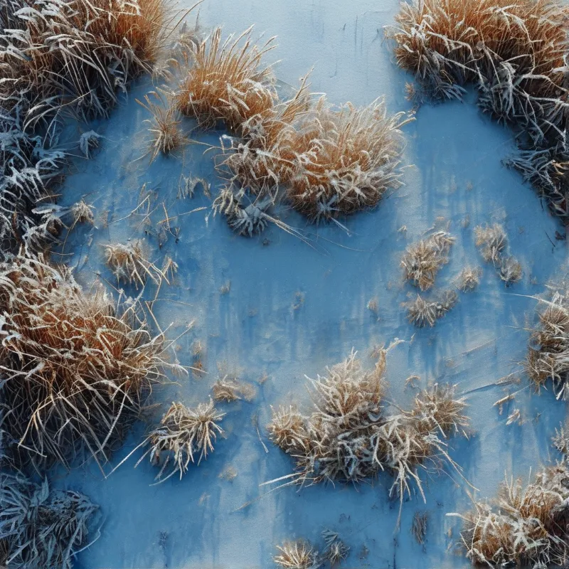 An overhead pattern of straw-colored grass tufts rimed with frost scattered across smooth blue snow.