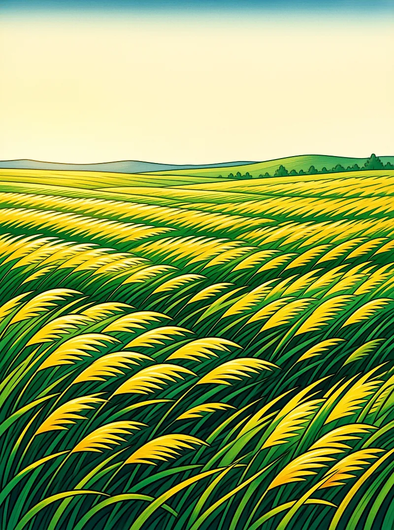 Stylized illustration of yellow wheat fields curving across rolling green hills under a pale sky.