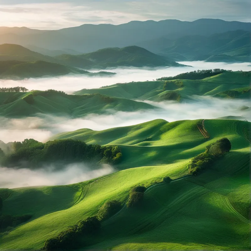 Sunlit meadow hills roll past layers of low fog, with dark tree clumps dotting the slopes at first light.