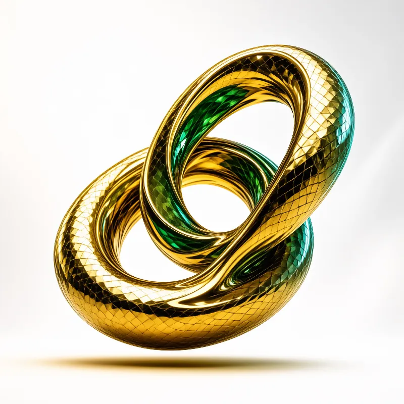 A shiny golden twisted loop with green reflections hovers above a bright neutral background casting a soft shadow.