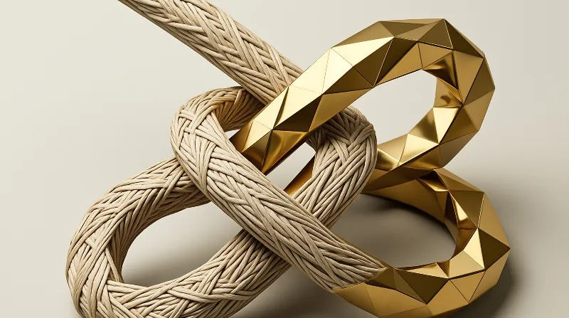 A braided beige coiled rope interlocks with a faceted gold loop shape, set on a plain light gray surface under soft lighting.