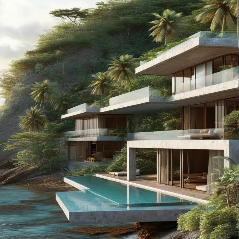 A multi-story concrete house sits on a steep green hillside with a rectangular pool extending out over the rocky shore.