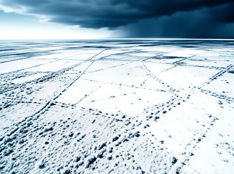 Patchwork snow fields are cut by dark furrow lines beneath a heavy blue storm front.