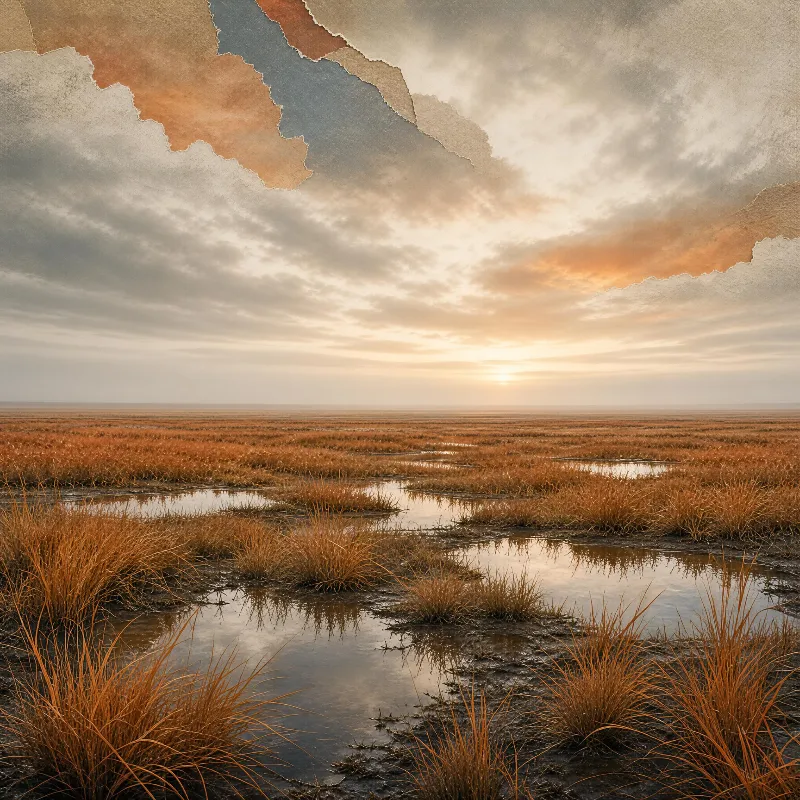 A vast wetland with tall golden marsh grass and shallow water pools under a cloudy sunset sky with warm light