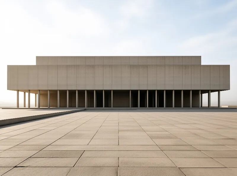 A massive concrete building featuring a long row of columns stands behind a wide, empty paved plaza under a bright sky.