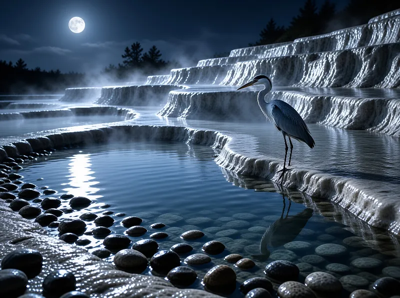 A great blue heron stands beside a moonlit terraced waterfall, its reflection clear in the cool blue stone lined shallow pool.