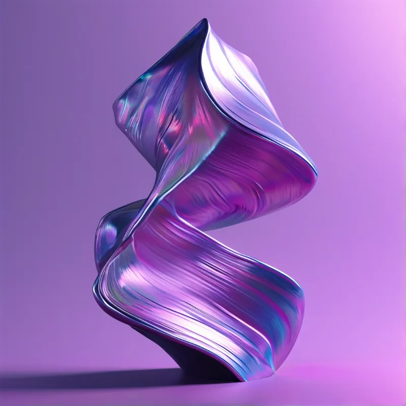 An abstract twisted metal form with iridescent blue and pink hues stands against a smooth purple gradient background.