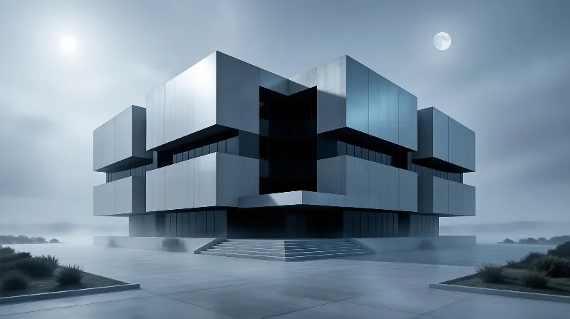 A layered brutalist concrete building sits on a misty plaza beneath a bright low moon and soft clouds