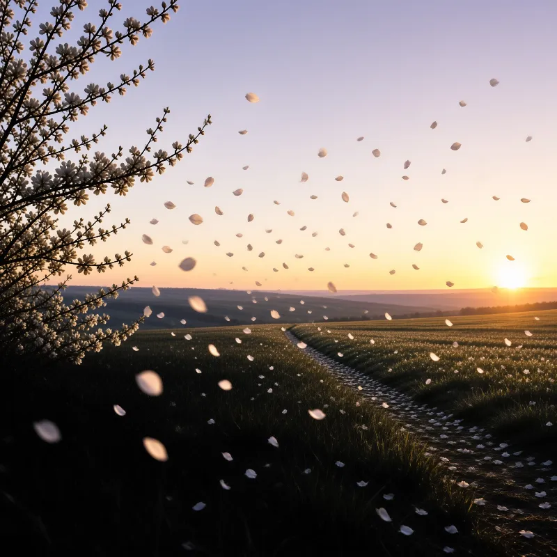 White petals drift through the air near a flowering branch overlooking a grassy field at sunset.