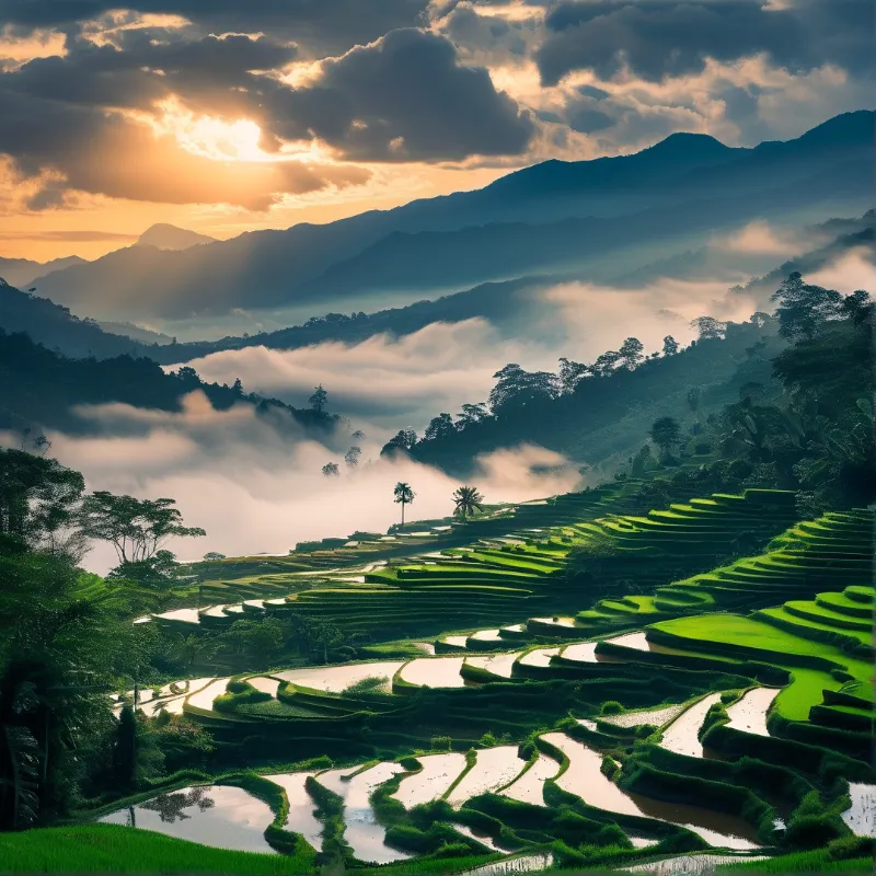 Sunlit Misty Rice Terraces