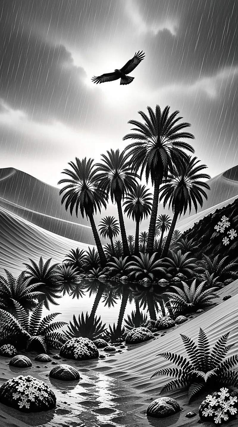 A hawk soars above palm trees reflecting in a still pool during a heavy rainstorm in a monochrome desert oasis.