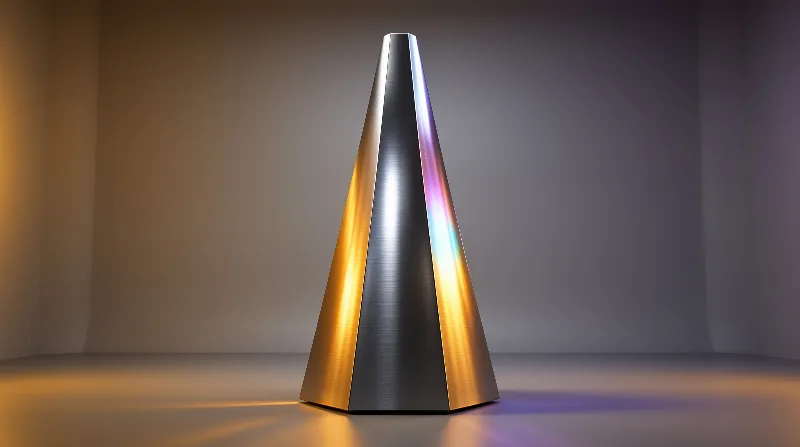 Geometric metal shape stands in a room with warm gold lighting on the left and iridescent rainbow reflections on the right.
