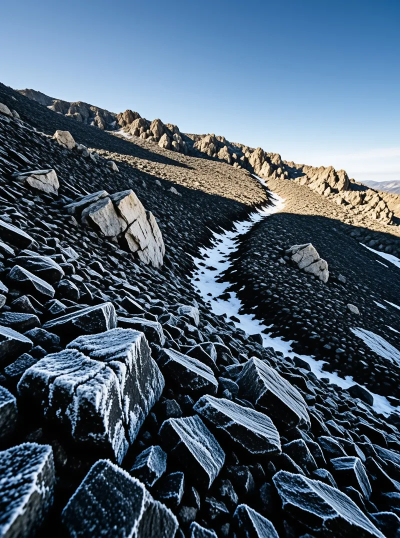 A rugged mountain slope covered in dark frost-dusted rocks, with a distant ridge of jagged stones and patches of snow under a clear blue sky