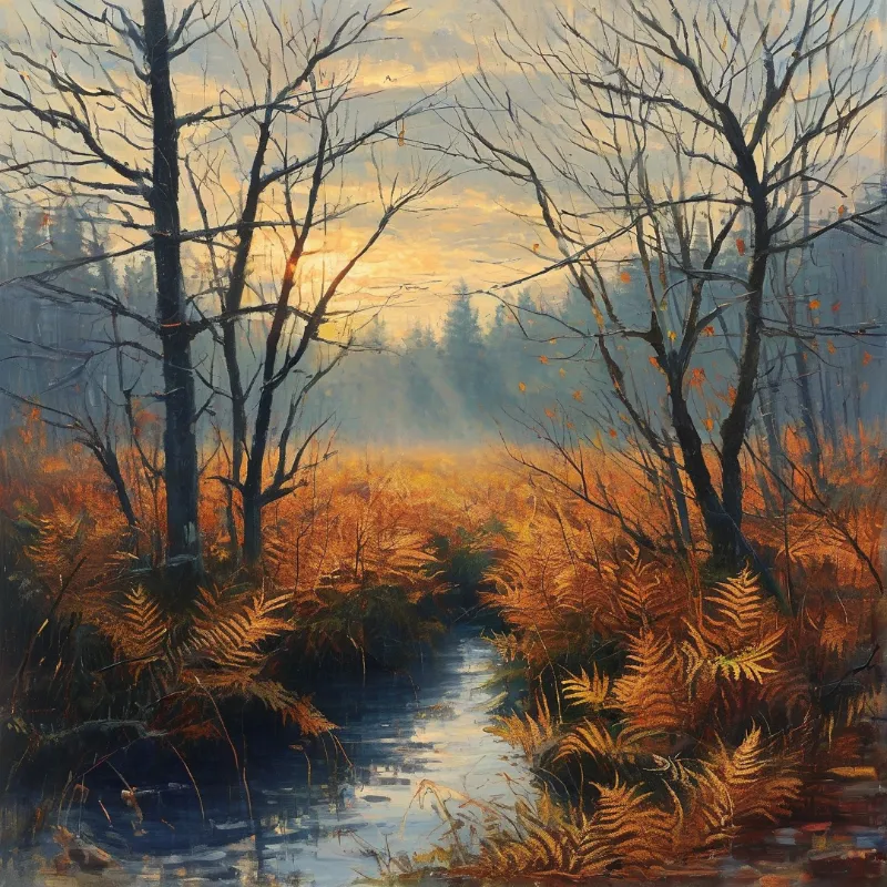 A painting shows a winding stream flowing through an autumn forest with golden light filtering through bare trees and ferns.