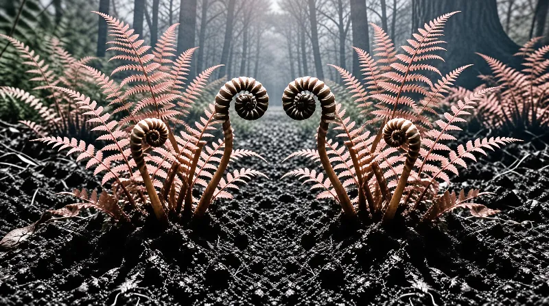Two clusters of pinkish ferns with coiled tips rise from black soil against a foggy woodland setting.