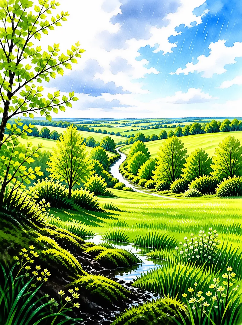A winding river flows through lush green hills covered in trees while rain falls from a blue sky dotted with white clouds.