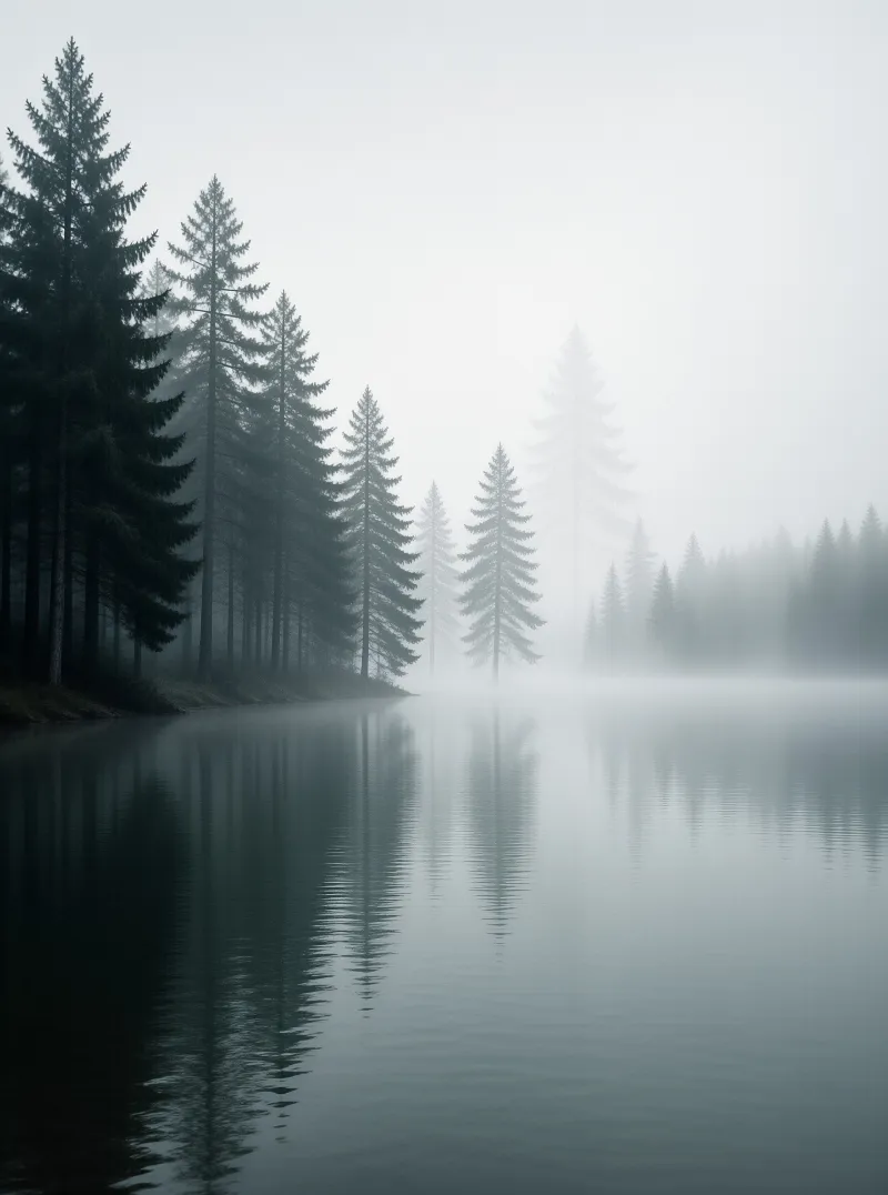Tall evergreen trees line the waterfront as heavy mist obscures the distance and softens their reflections in the water.