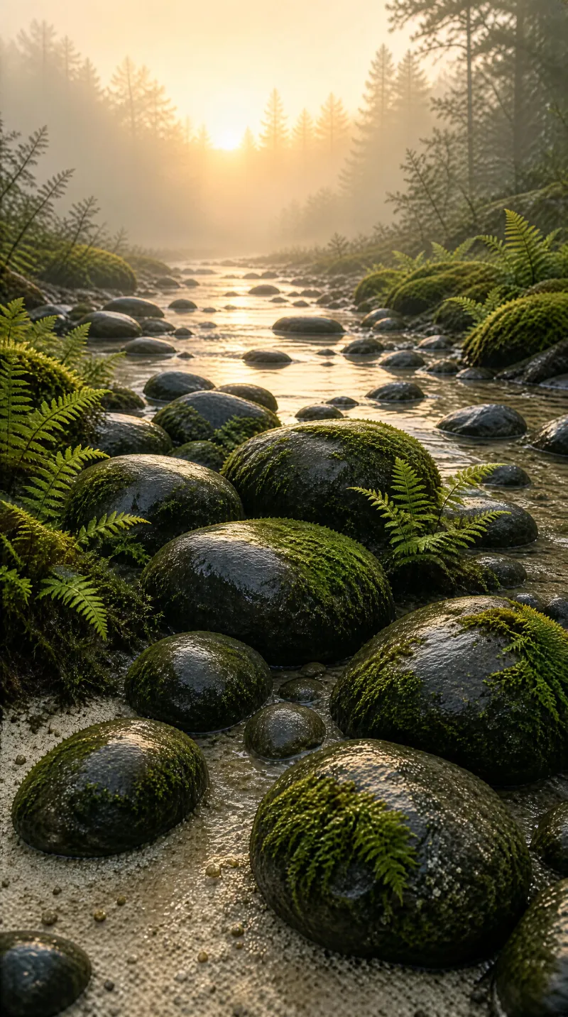 Mossy Rocks by Forest Stream at Sunrise