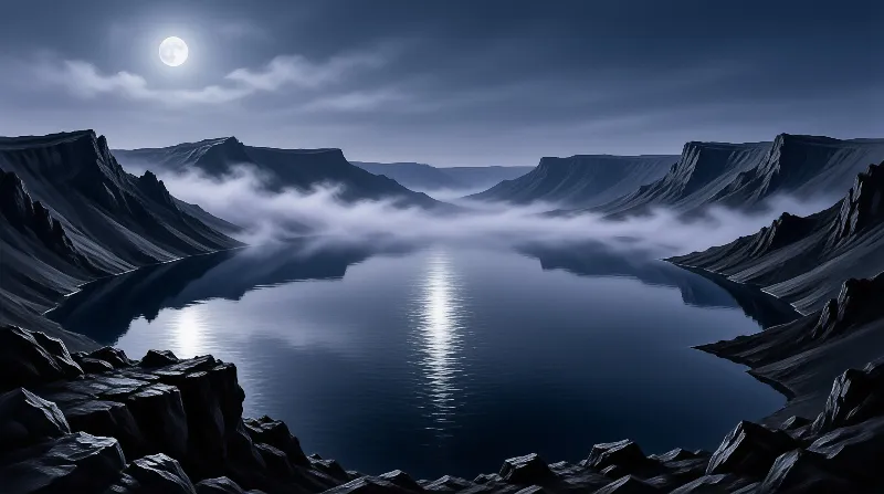 A dark blue lake stretches between rugged cliffs under a bright full moon with low fog rolling across the surface.