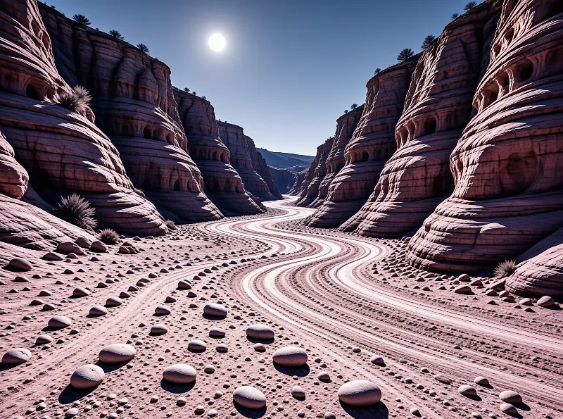 A winding dirt path curves between tall eroded cliffs under a clear blue sky with scattered smooth stones in the foreground.