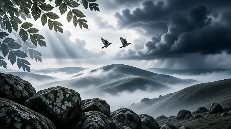 Two birds glide through a dramatic sky above misty mountains and moss-covered foreground rocks.