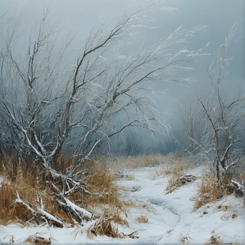 Silvery frost coats dry golden grasses and bare shrubs along a snow covered trail fading into cold blue mist