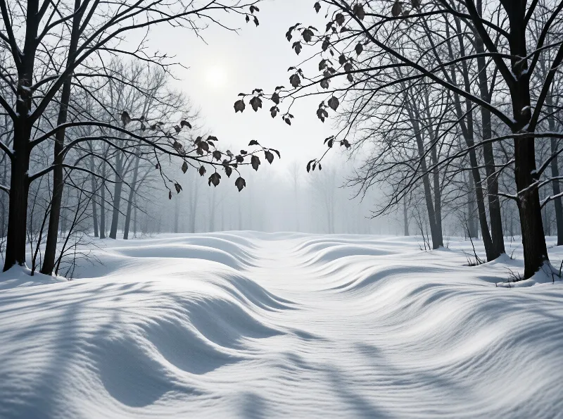 Bare branches overhang undulating snow drifts leading into a foggy woodland illuminated by faint sunlight.