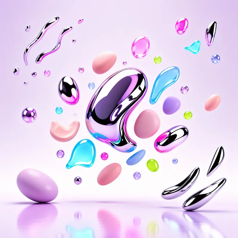 Glossy silver droplets sit among matte candy ovals and beads on a soft violet studio backdrop.