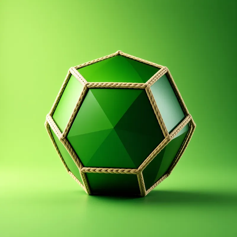 A faceted green geometric shape bound by beige twine sits centered against a matching backdrop with soft lighting.