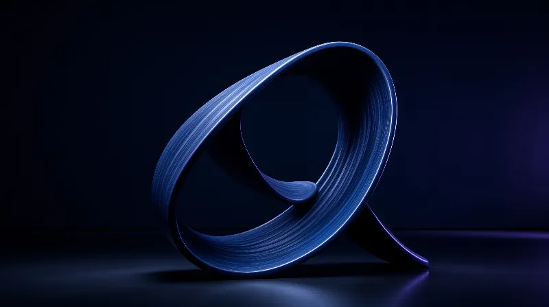 A twisted ribbon of brushed steel forms an open loop, catching cool highlights against a deep navy backdrop.