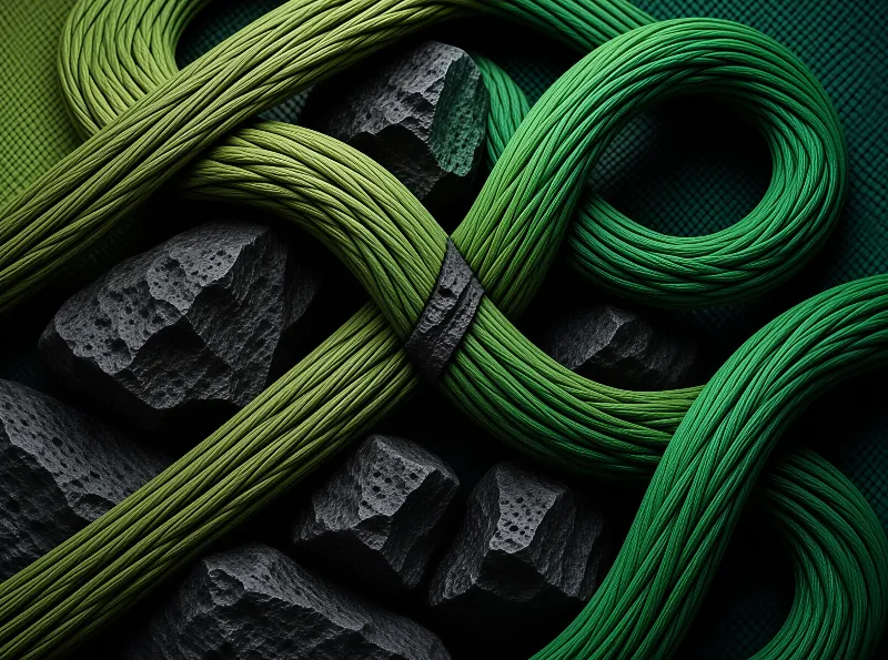 Bright green twisted cable bundles rest on porous dark mineral chunks against a dark grid surface, with sharp contrast showing rough and smooth textures.