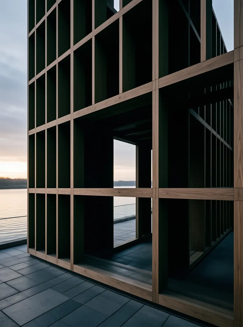 A modern timber frame building stands beside a calm lake during twilight with soft natural light.