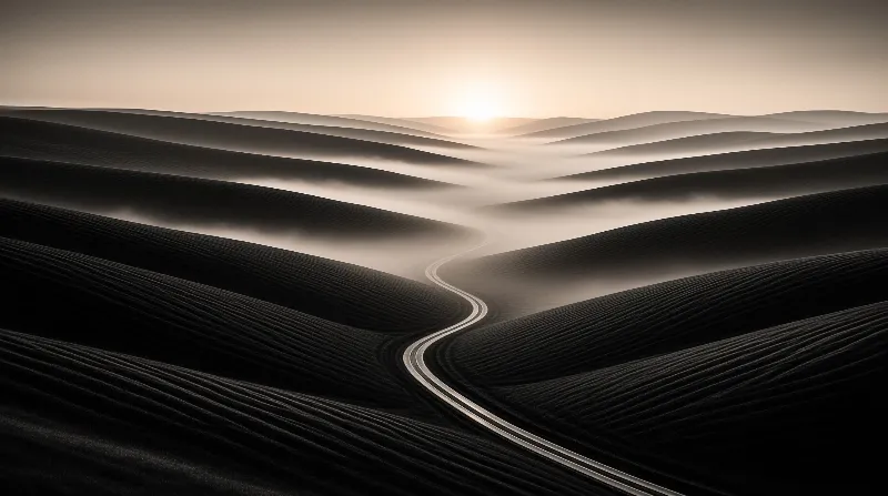 A paved road winds through dark rippled dunes towards a bright sun on the horizon.