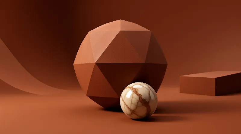 A faceted geometric sphere rests beside a marble ball on a smooth brown surface under even studio lighting.