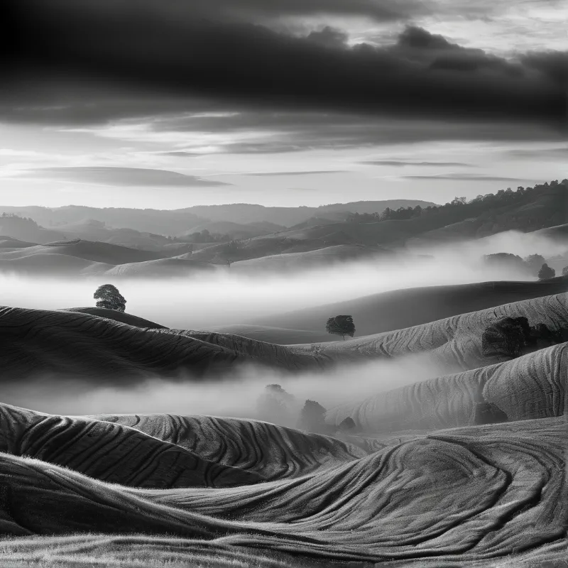 Monochrome landscape of foggy rolling hills with wavy ridges and solitary trees beneath dark storm clouds.