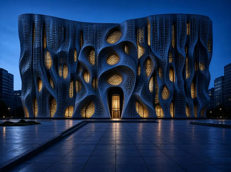 Organic Perforated Facade Building at Night