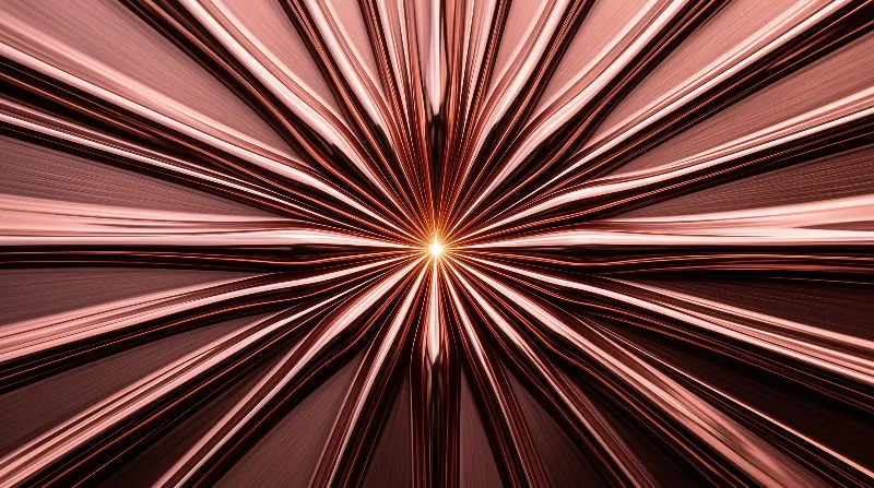 Metallic rose-toned linear streaks fan outward from a small bright glowing central point in a symmetric abstract pattern.