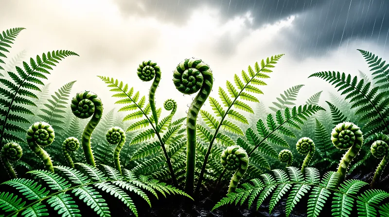 Curled fern fiddleheads rise above dense green fronds while rain streaks across a bright overcast sky.