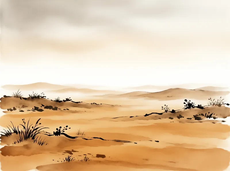 A watercolor painting of a desert landscape featuring rolling sand dunes and sparse grass under a hazy sky.